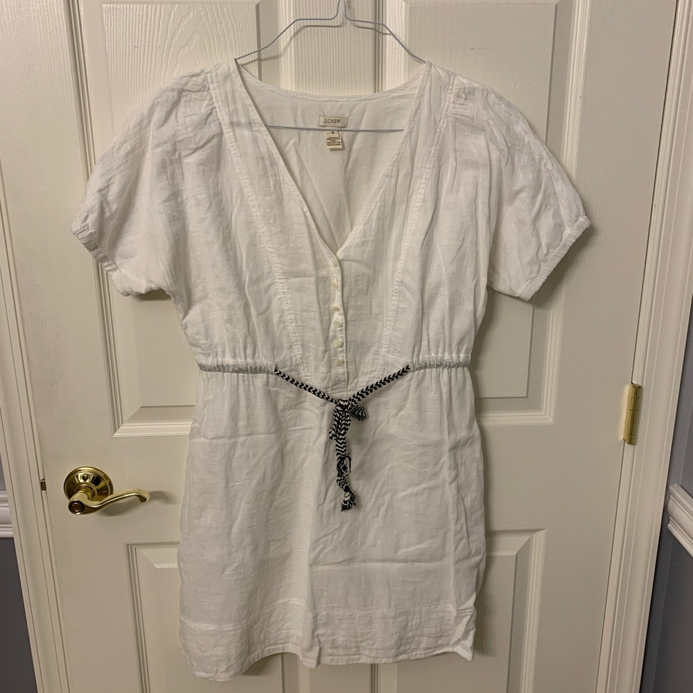 J. Crew White Short Sleeve Linen Tunic Dress with Black Braided Belt